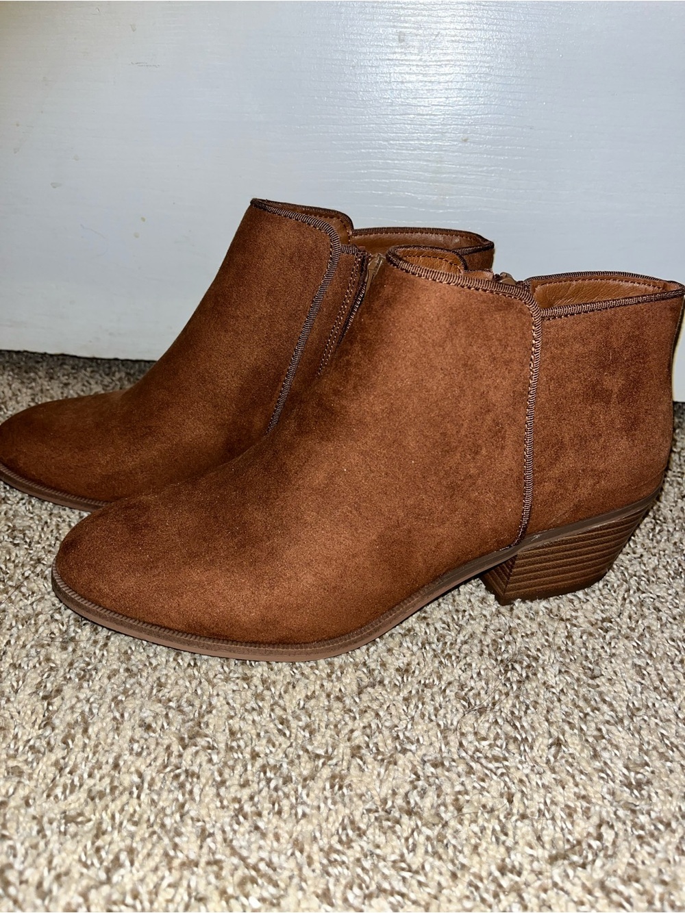 Amazon Essentials Chestnut Suede Low Heel Ankle Booties